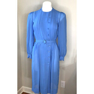 Homemade Blue Crepe Tuck Front Secretary Vtg. 80s Dress Size 8